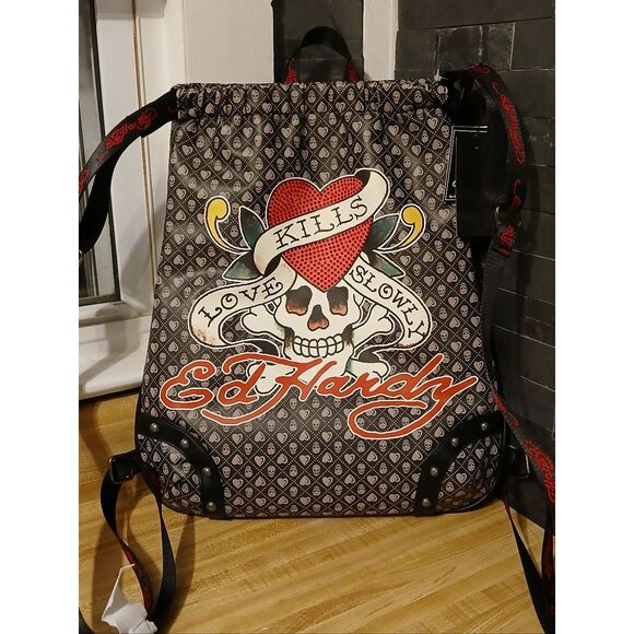 Ed Hardy Black Backpack with Red, White and Yellow Skull Heart Graphic